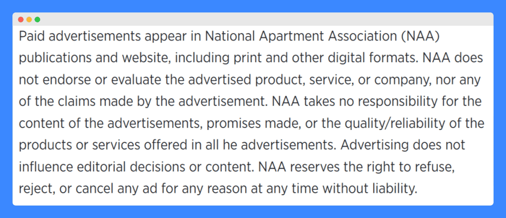 National Apartment Association's advertisement disclaimer on a white background.