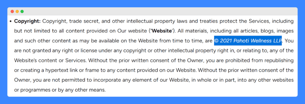 Pahoti Wellness' intellectual property disclaimer on a white background.