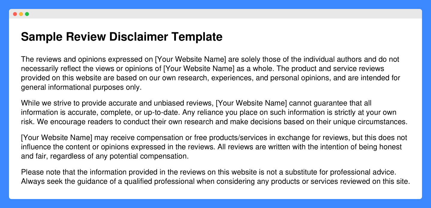 Sample review disclaimer template