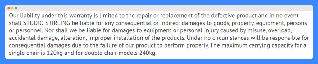 Studio Sterling's product disclaimer on a white background.