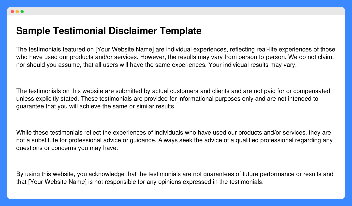 Sample testimonial disclaimer template