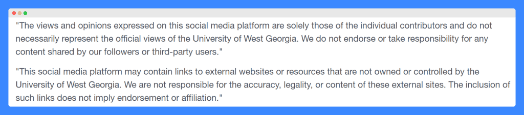 University of West Georgia and Catholic University of America's social media disclaimer on a white background.