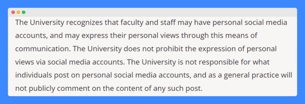 University of West Georgia and Catholic University of America's social media disclaimer for employees on a light brown background.