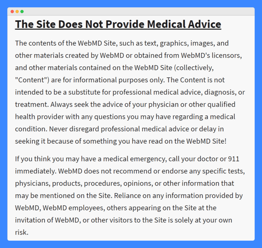 WebMD's medical disclaimer on a white background.