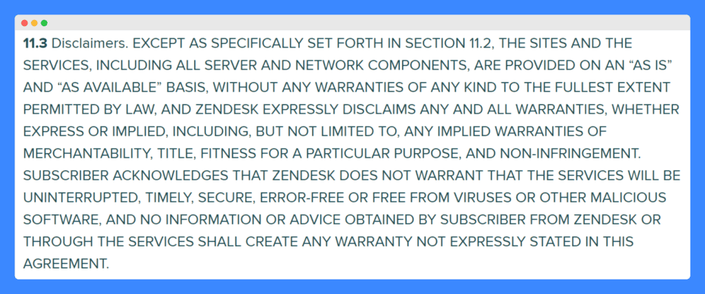 Zendesk's warranty disclaimer on a white background.