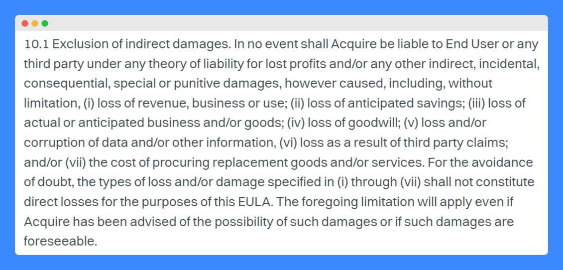 Acquire's EULA "limitation of liability" clause on a white background.