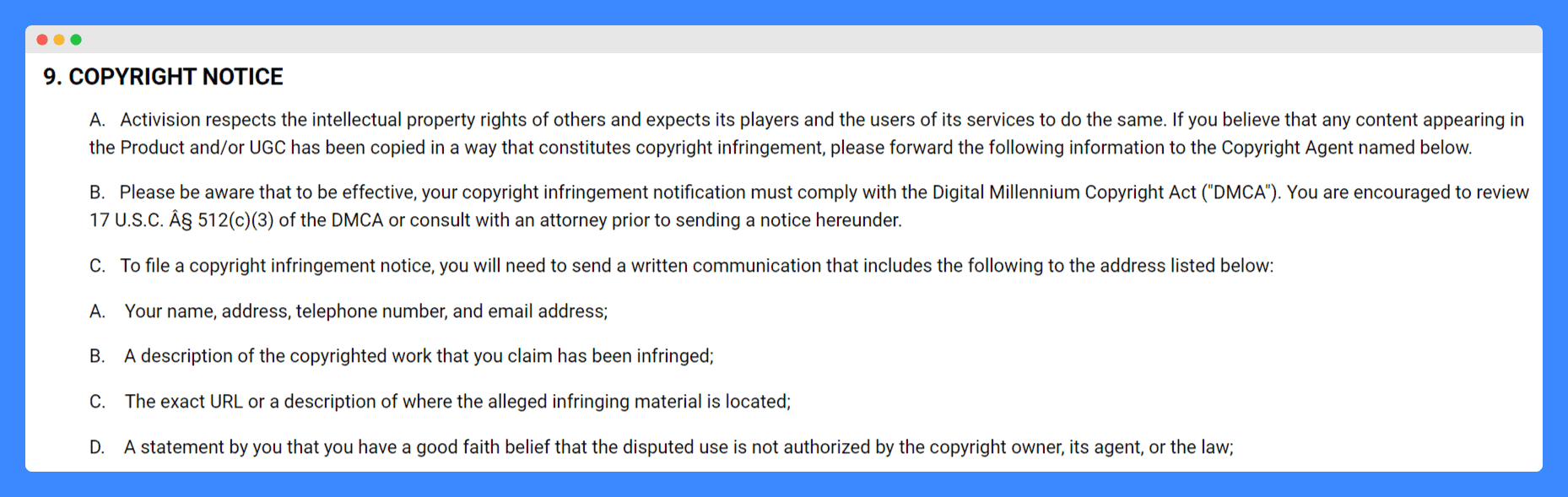 Activision's terms and conditions "copyright infringement" clause on a white background.