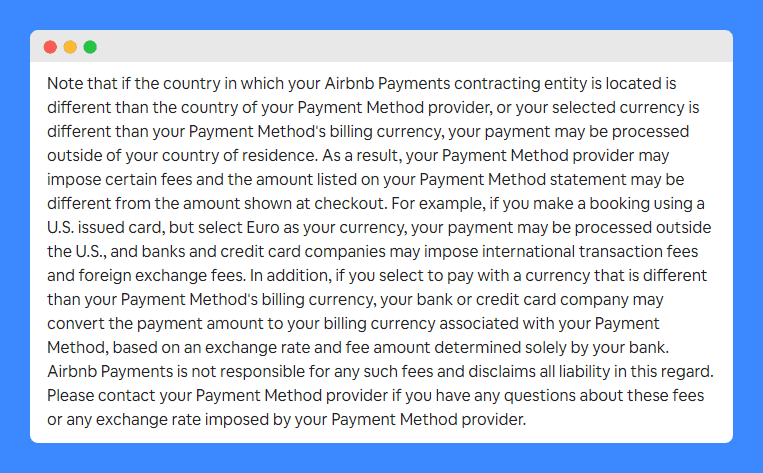 Airbnb's payment terms on a white background.