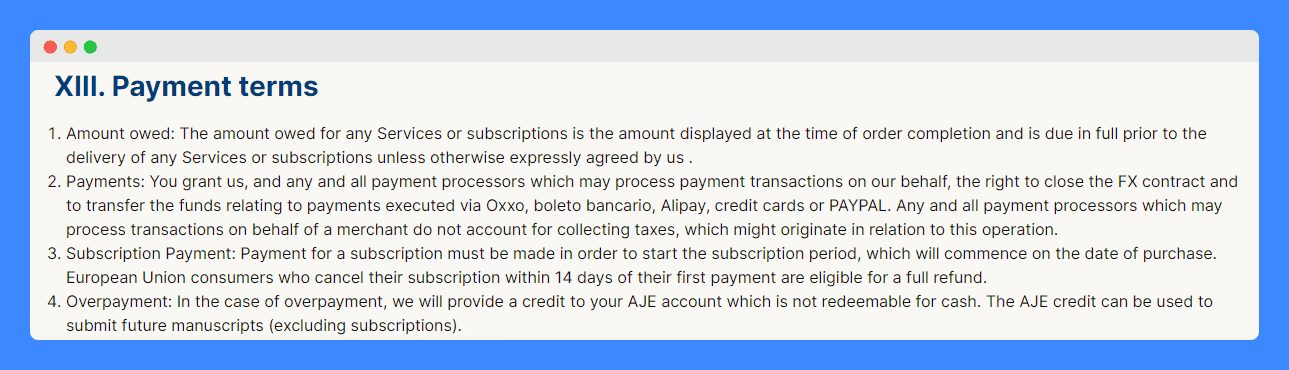 American Journal Experts' payment terms on a light brown background.