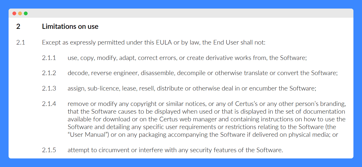 Certus Erasure's EULA "limitations on use" clause on a white background.