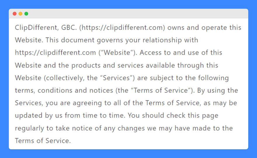 Clip Different's terms and conditions on a white background.