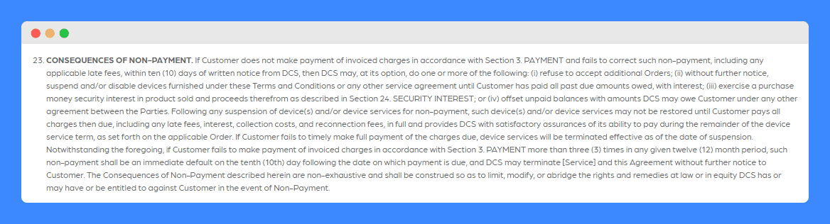 DCS Solutions' terms and conditions non-payment clause on a white background.