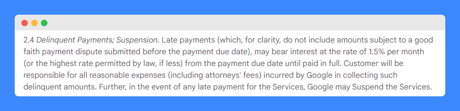 Google Cloud's payment terms on a white background.