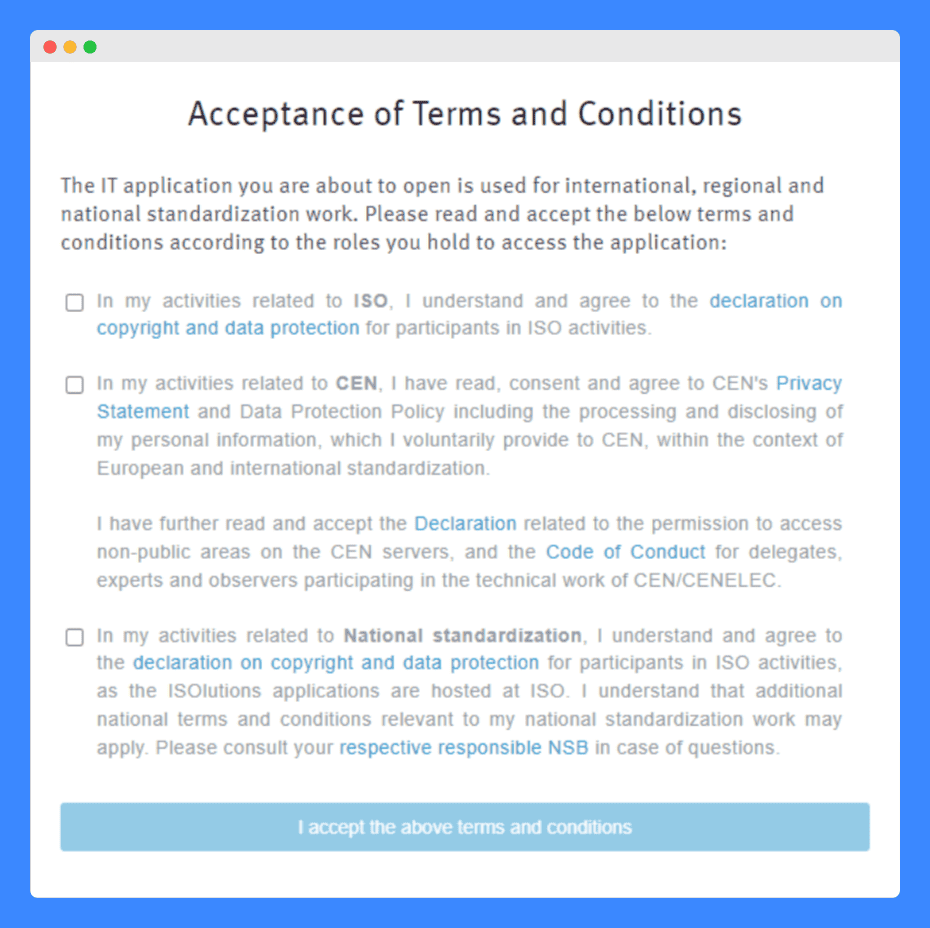 ISO's terms and conditions "acceptance of terms" clause on a white background.