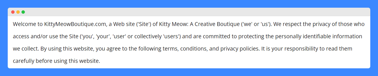 Kitty Meow Boutique's terms and conditions on a white background.