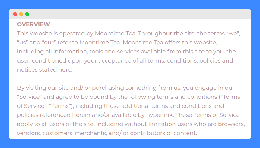 Moontime Tea's terms and conditions on a white background.