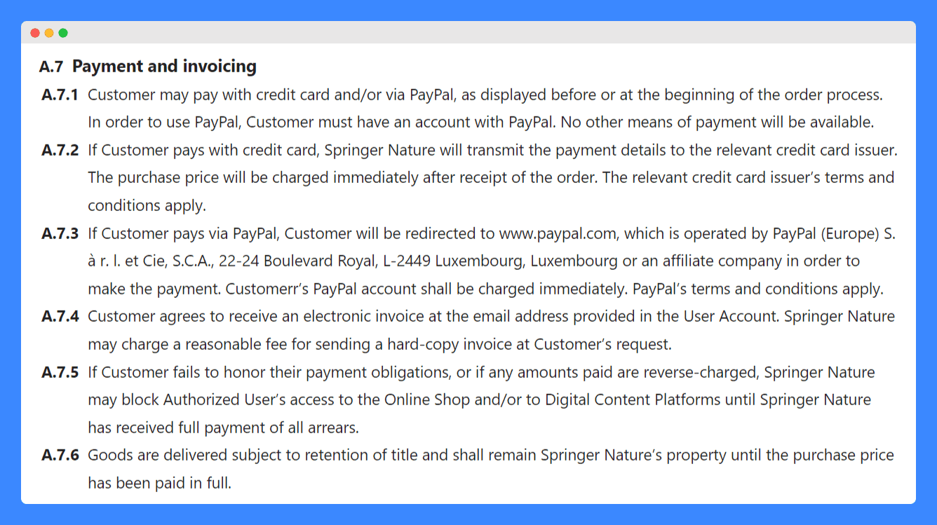 Nature.com's terms and conditions "payment details" clause on a white background.