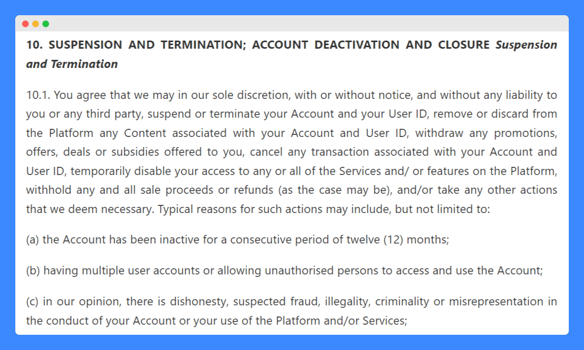 Ninetailed.io's terms and conditions "account termination and suspension" clause on a white background.