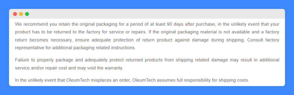 OleumTech's RMA policy on a white background.