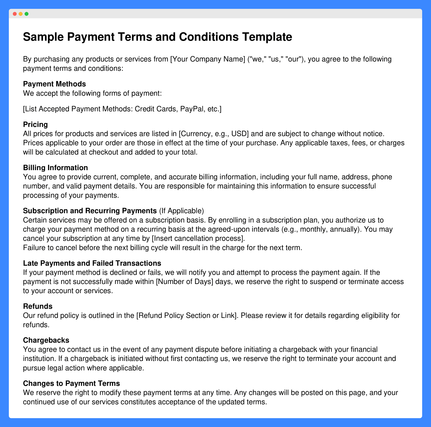 Sample payment terms and conditions template