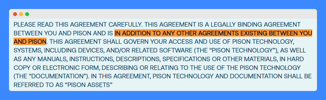 Pison Technology's EULA "other agreements" clause on a light blue background.