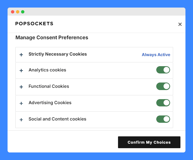 PopSockets' cookie preference center on a white background.