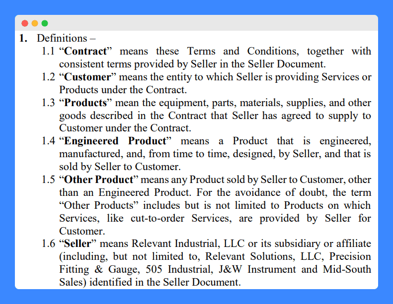 Relevant Solutions, LLC's terms and conditions "definitions" clause on a white background.