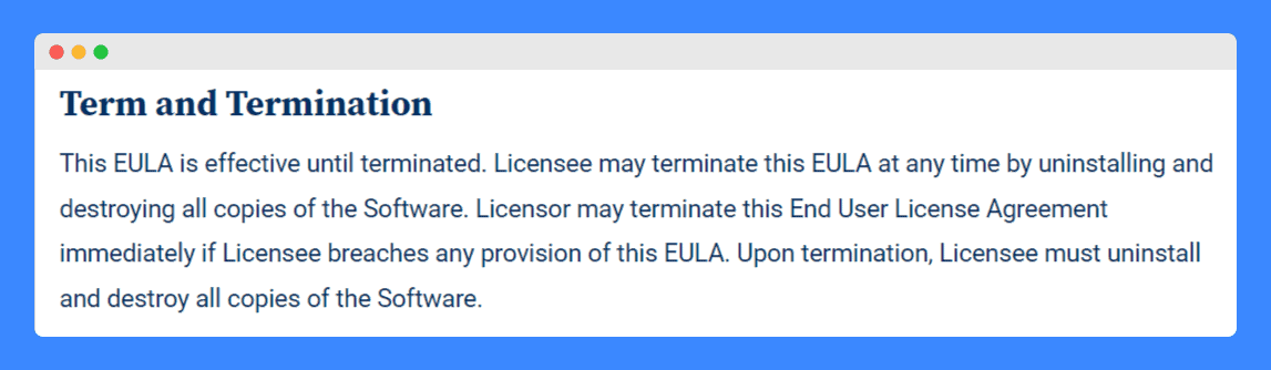 RunSensible's EULA "termination conditions" clause on a white background.