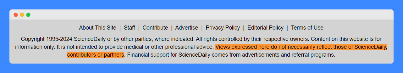 ScienceDaily's disclaimer inside the website footer on a gray background.