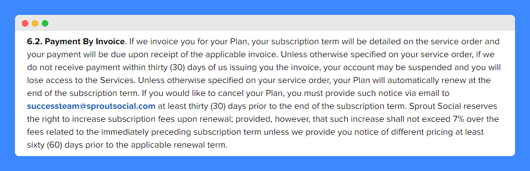 Sprout Social's payment terms on a white background.