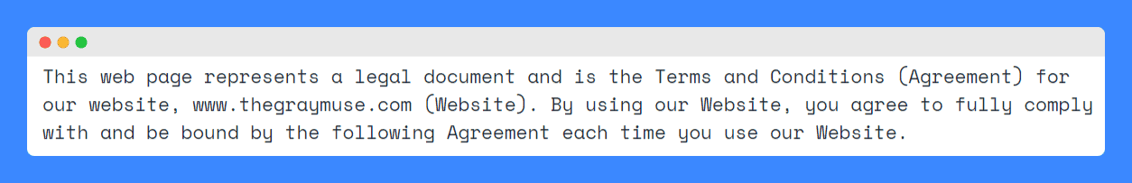 The Gray Muse's terms and conditions on a white background.