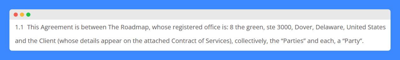 The Roadmap's terms and conditions "parties" clause on a white background.