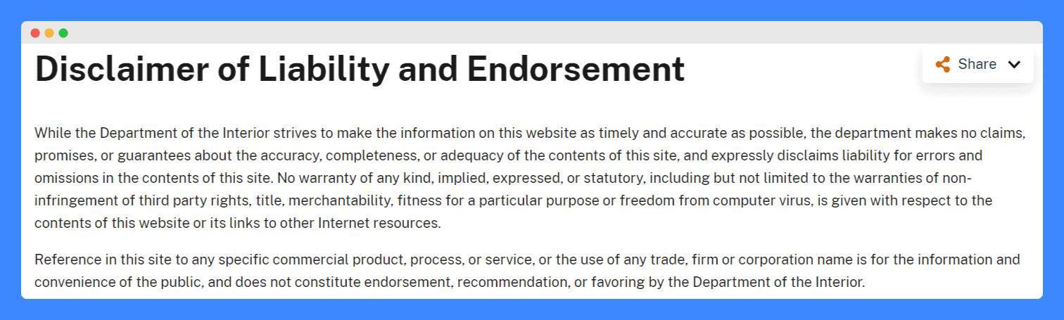 US Department of Interior's disclaimer of liability and endorsement on a white background.