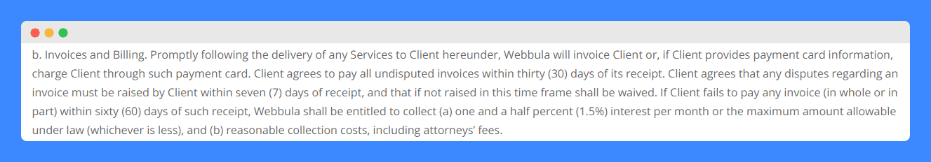 Webbula's terms of service "invoice and billing" clause on a white background.