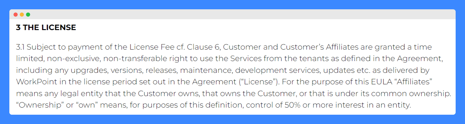 Workpoint 365's EULA "grant of licenses" clause on a white background.