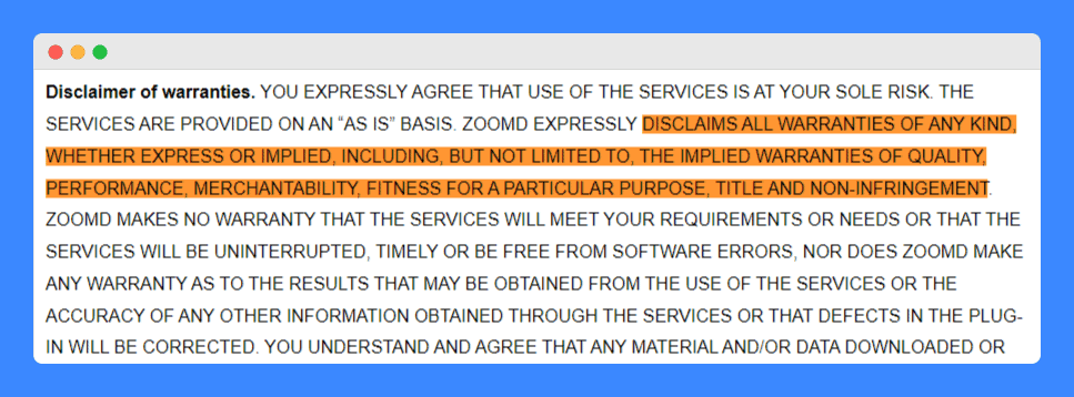 Zoomd's terms and conditions "disclaimer of warranties" clause on a white background.