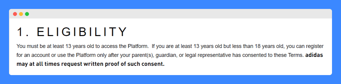 Adidas' terms and conditions age limitation clause on a white background.