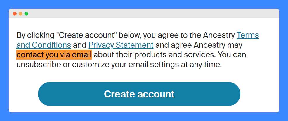 Ancestry's sign-up form notifying users about receiving marketing emails on a white background.