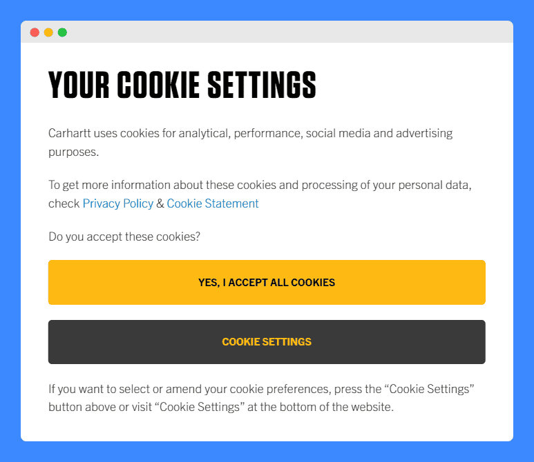 Carharrt's cookie consent banner on a white background.