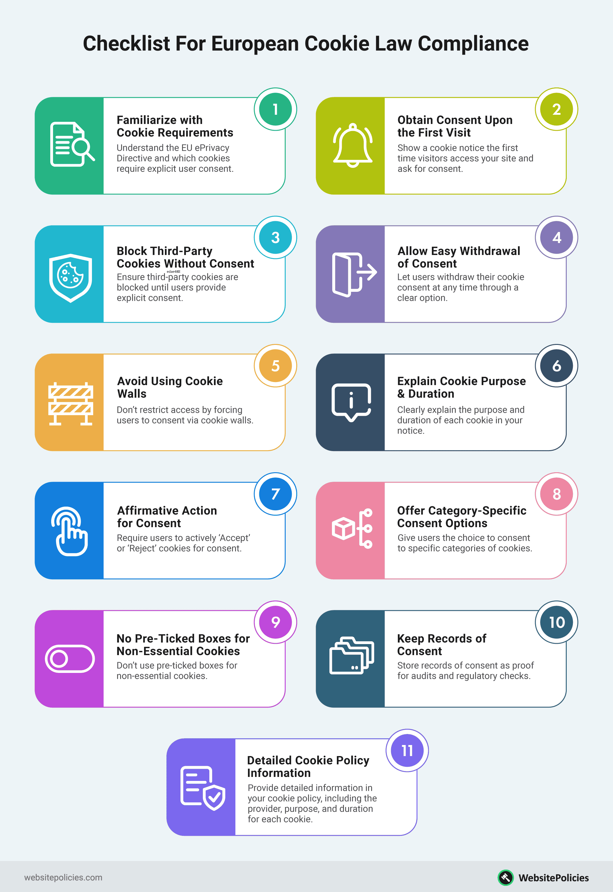 An infographic showing 11 tips included in the checklist for European cookie law compliance on a light gray background.