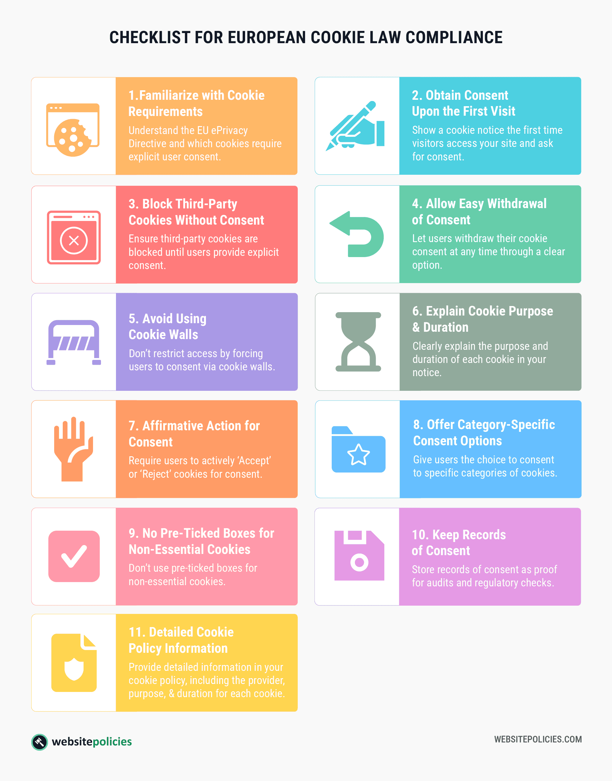 An infographic showing 11 tips included in the checklist for European cookie law compliance on a light gray background.