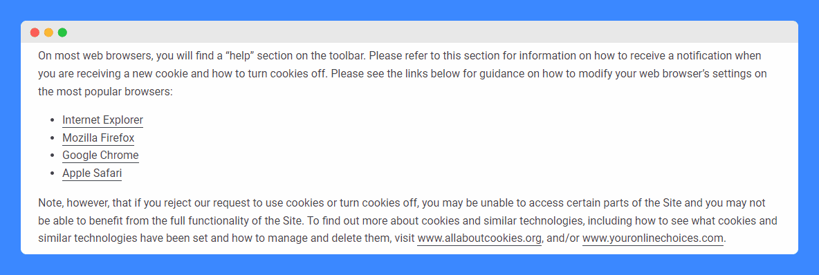 Crown and Caliber's privacy policy cookies clause on a white background.