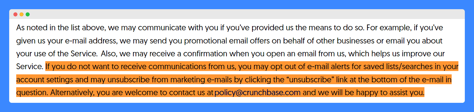 Crunchbase's privacy policy on a white background.