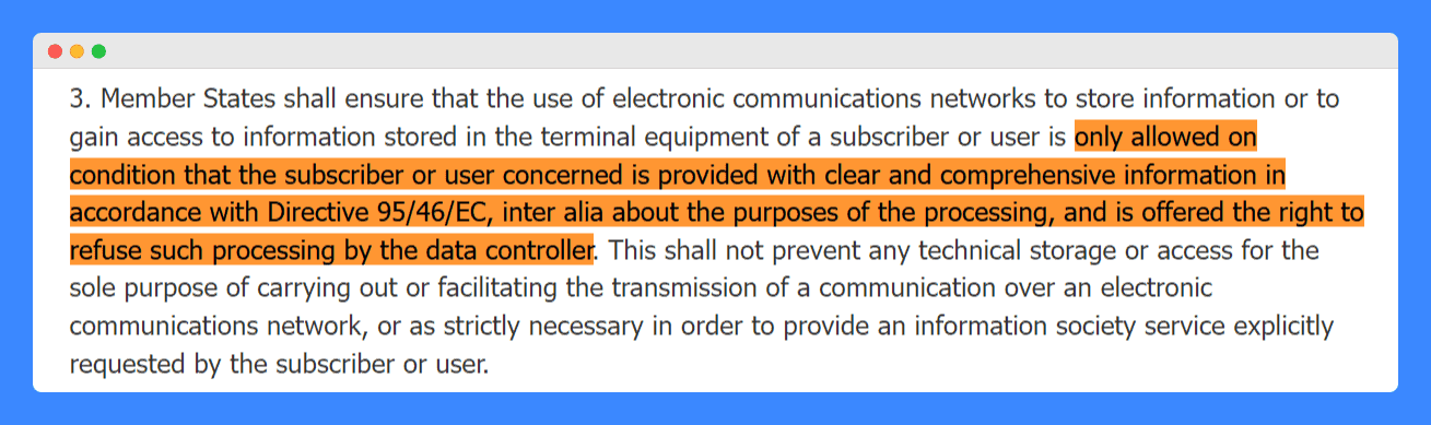 Article 5 Section 3 of the EU Cookie Law on a white background.