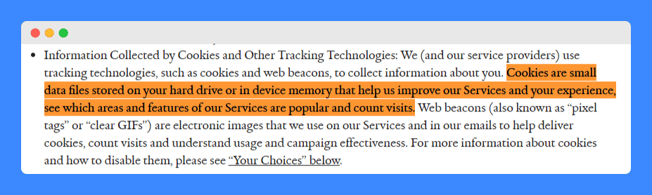 Outdoor Voices' definition of cookies in their privacy policy on a white background.