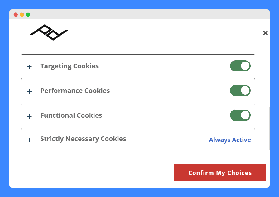 Peak Design's cookie settings on a white background.