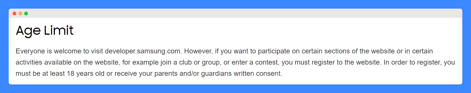 Samsung's terms and conditions age limitation clause on a white background..