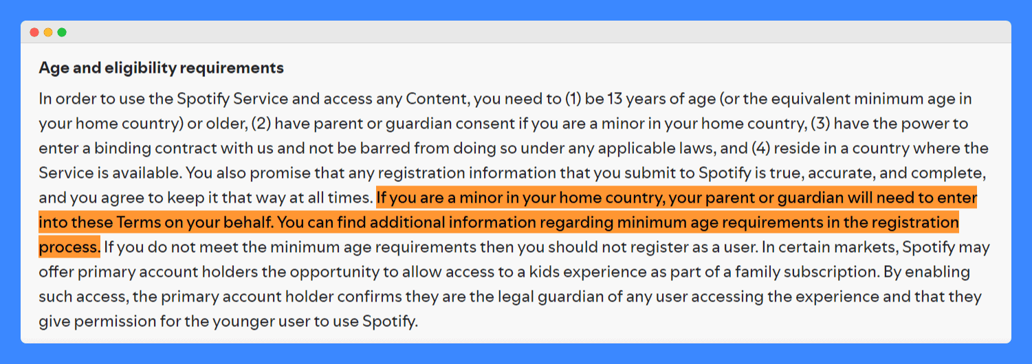 Spotify's terms and conditions age limitation clause on a light gray background.