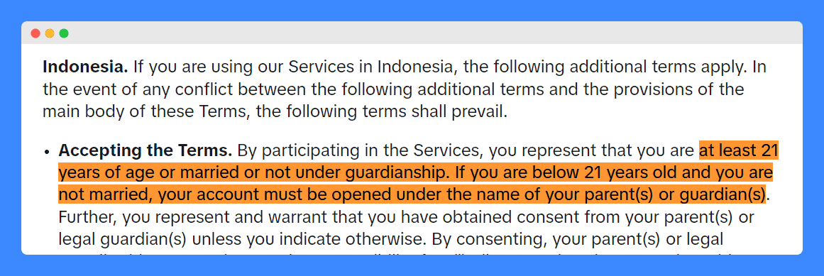 TikTok's Indonesian terms of service age limitation clause on a white background.