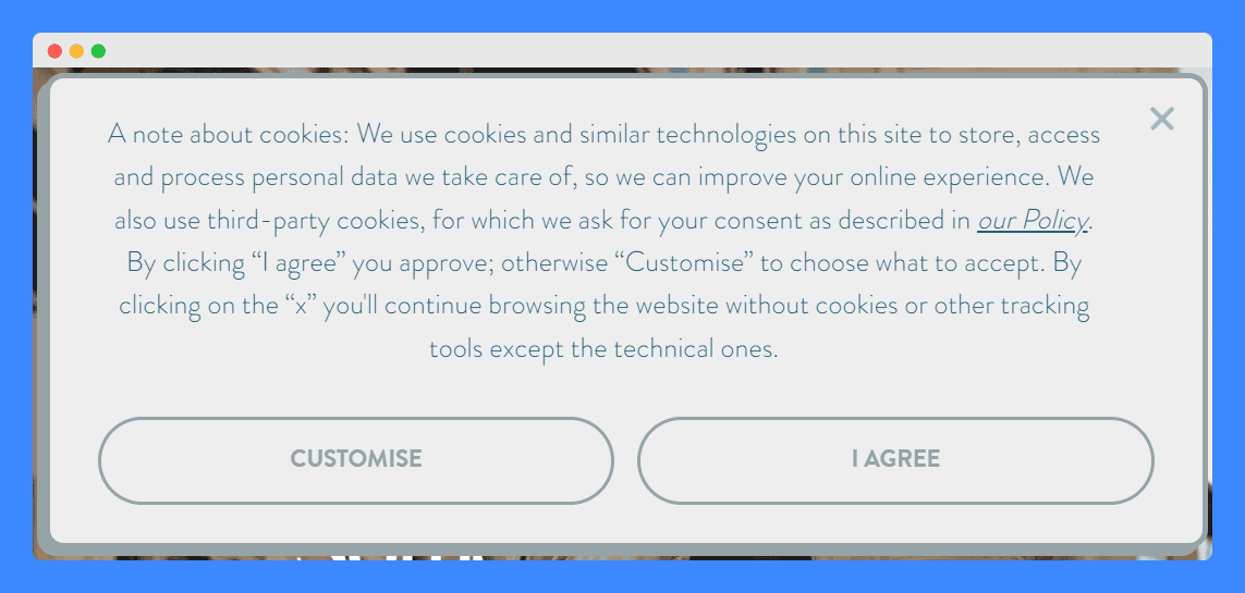 Velasca's cookie popup on a light gray background.